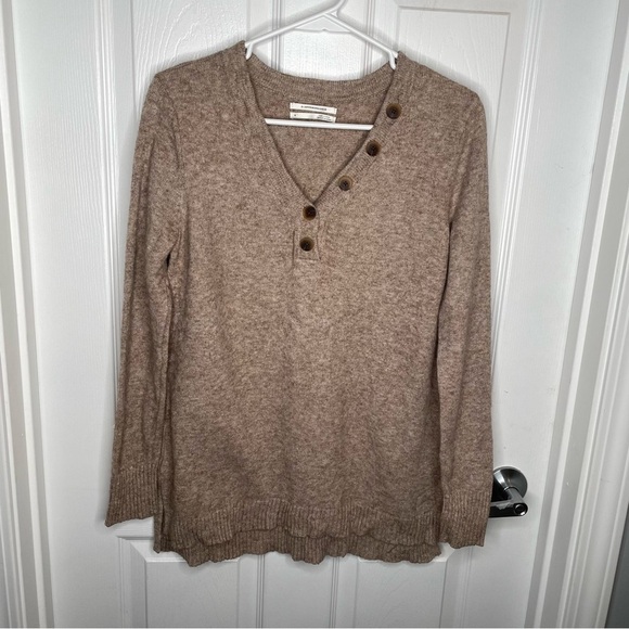 Anthropologie Serena Pullover V-Neck Long Sleeve Tan Beige Sweater Oversized S - Picture 3 of 10